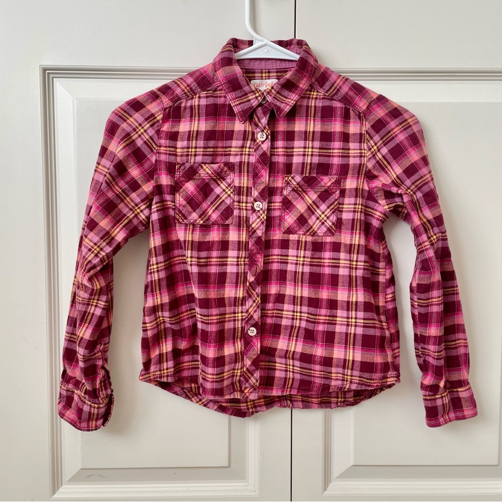 Cat & Jack Pink Red and Yellow plaid flannel Button Down Shirt